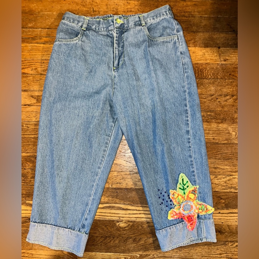 Bleu Bayou Jeans. Bleu Bayou Embroidered Ankle Jeans, Wide Leg Jeans Size Large